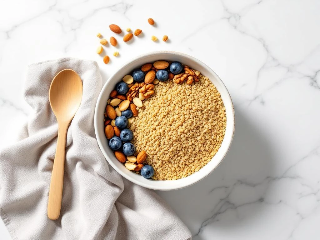 Quinoa breakfast bowl with toasted almonds, walnuts, and fresh blueberries on white marble surface, overhead view