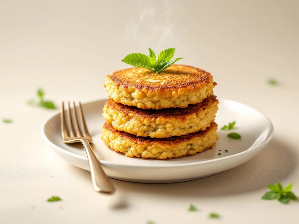 Stack of three golden quinoa breakfast cakes on white plate with mint garnish and fork on cream background
