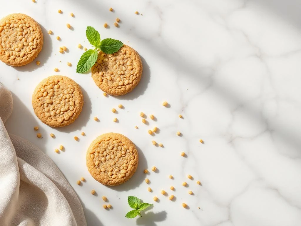 Golden quinoa breakfast cookies arranged geometrically on white marble with mint sprig and scattered quinoa grains