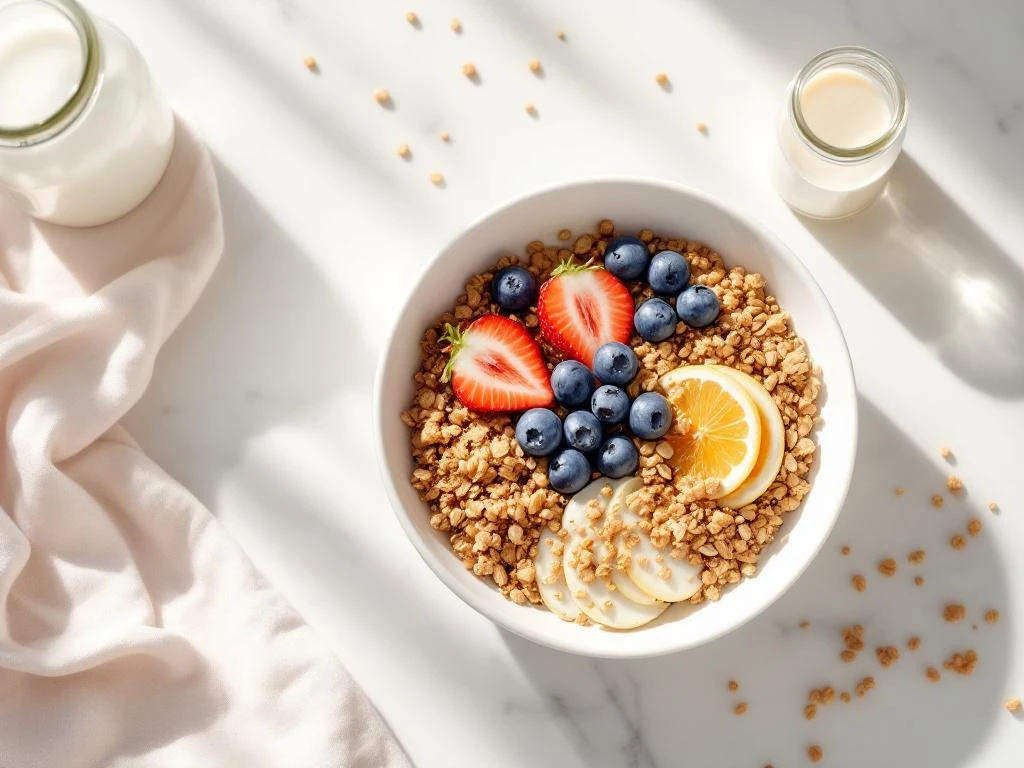 Overhead view of quinoa granola bowl with blueberries and strawberries on white marble with almond milk jar