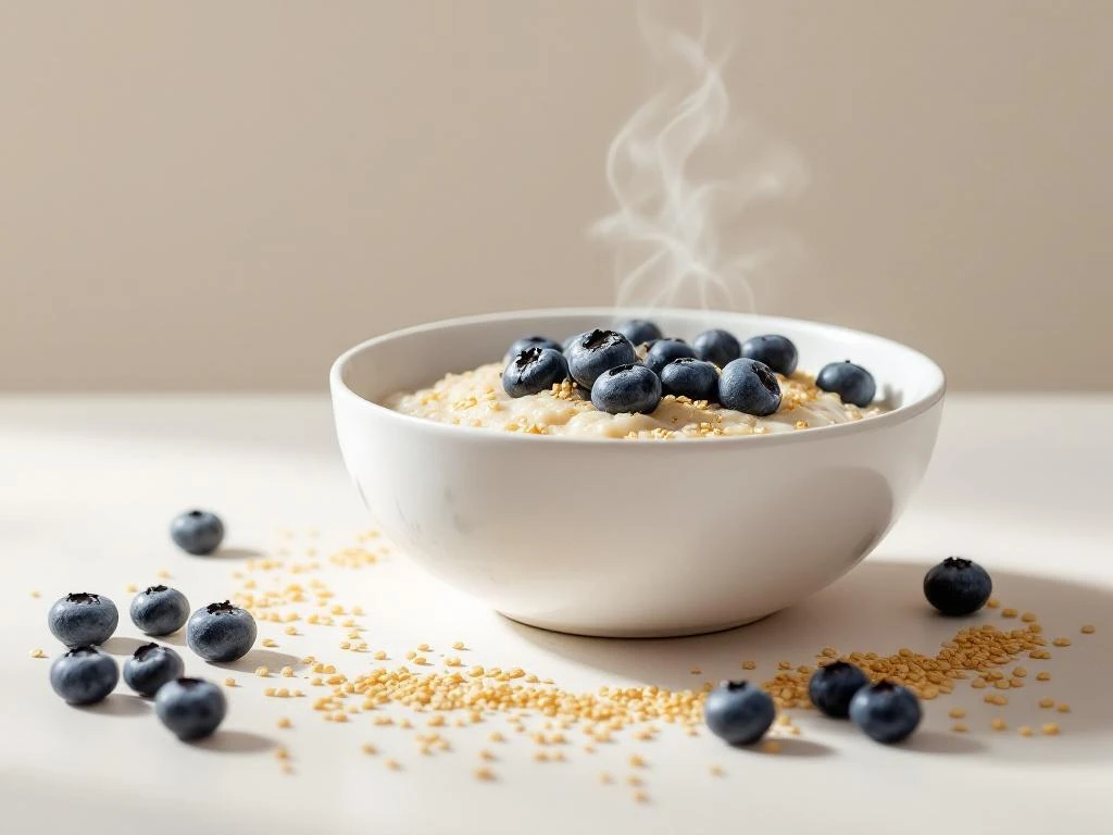 Quinoa porridge bowl topped with fresh blueberries on minimalist table with natural lighting and scattered berries