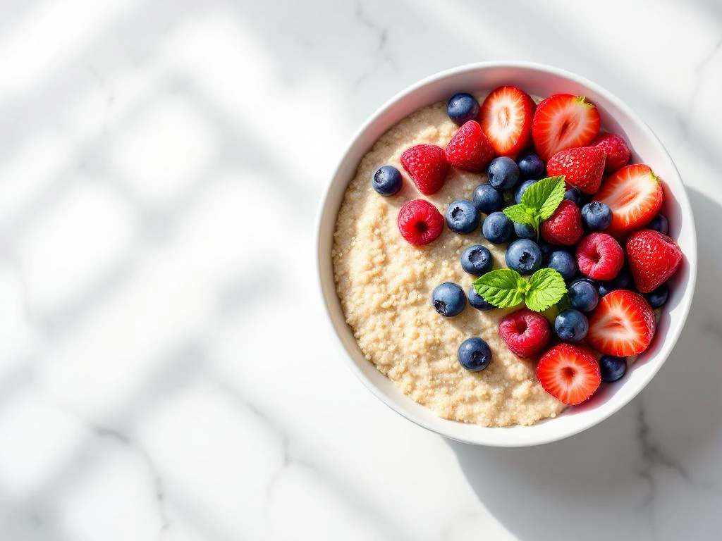 Quinoa porridge bowl with fresh berries arranged on marble surface in natural light for healthy breakfast wellness