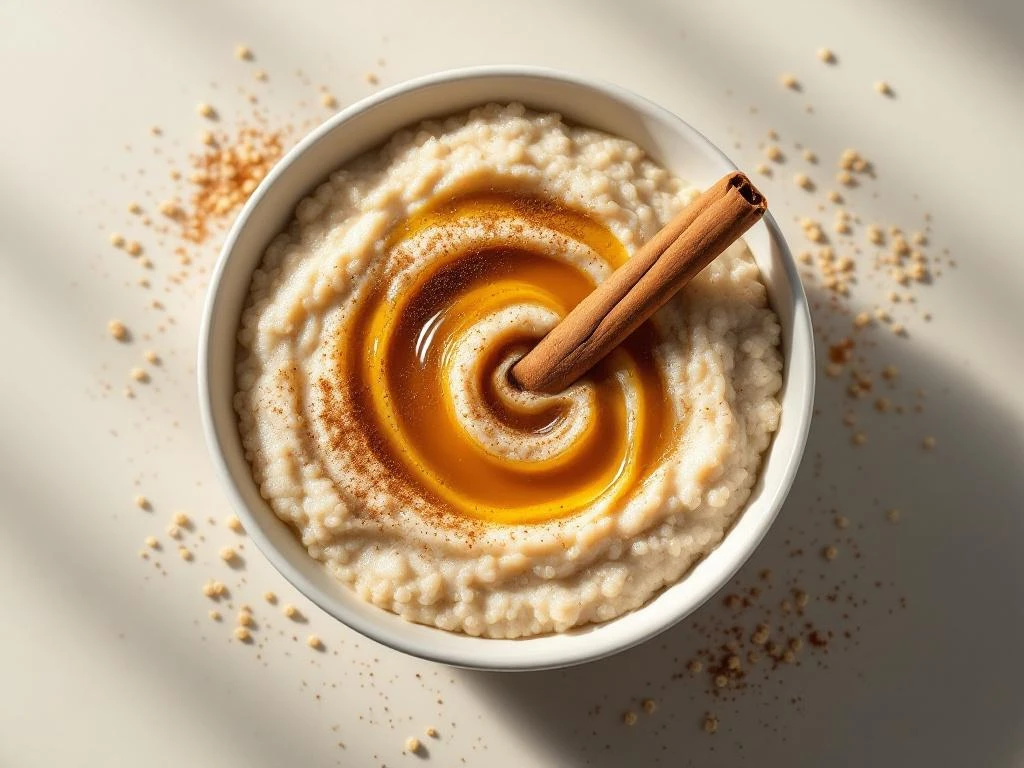 Quinoa porridge bowl with honey drizzle and cinnamon stick on stone surface with natural lighting