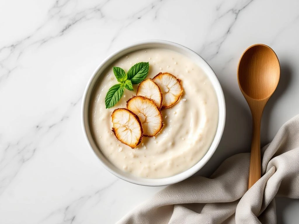 Coconut milk quinoa porridge in white ceramic bowl with toasted coconut flakes, mint leaf, and wooden spoon on marble surface