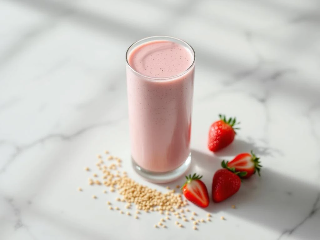 Pink quinoa-strawberry smoothie in glass on marble surface with fresh strawberries and quinoa grains arranged beside it