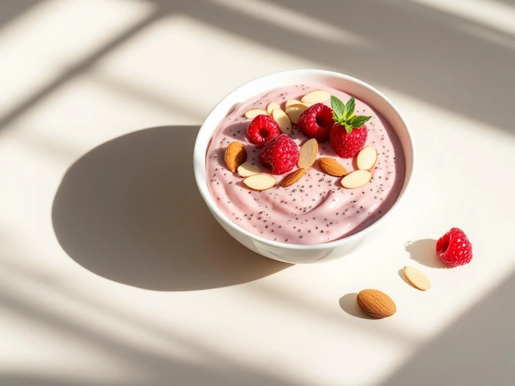 Raspberry chia pudding in white bowl topped with fresh raspberries and sliced almonds on cream background