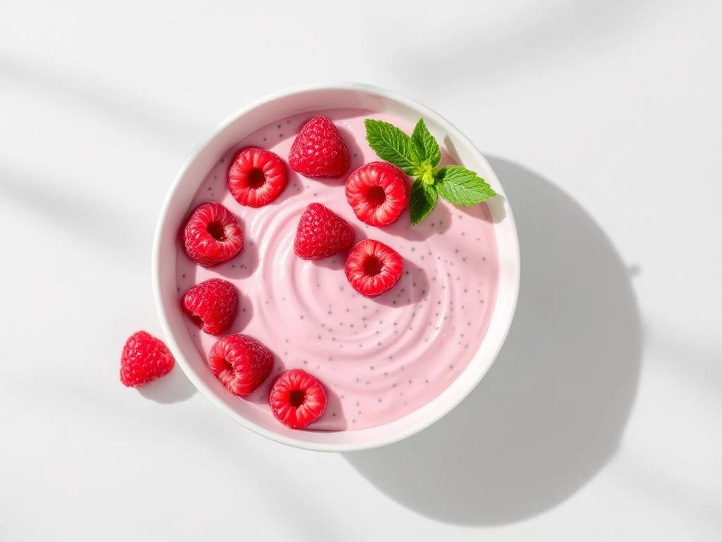 Raspberry chia pudding in white bowl topped with fresh raspberries and mint leaf, overhead view on gray surface