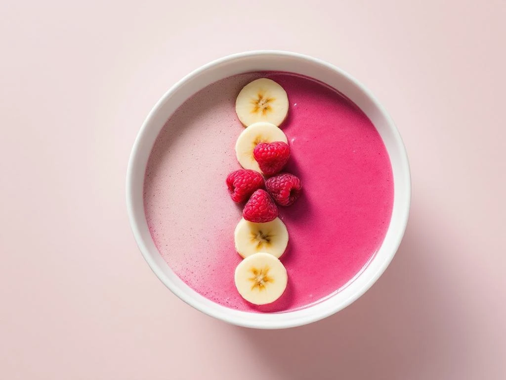 Raspberry banana smoothie bowl topped with fresh berries and banana slices on white ceramic bowl from overhead