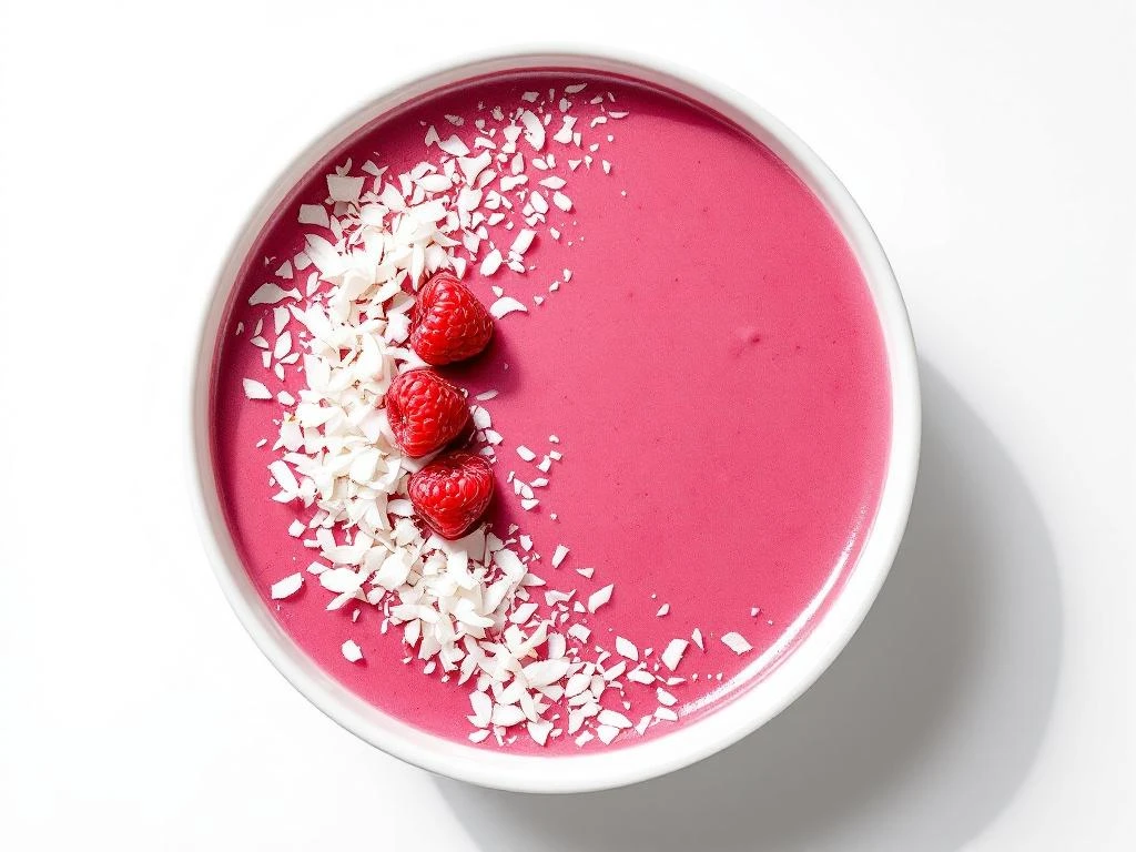Pink raspberry-coconut smoothie bowl topped with fresh raspberries and coconut flakes on white background
