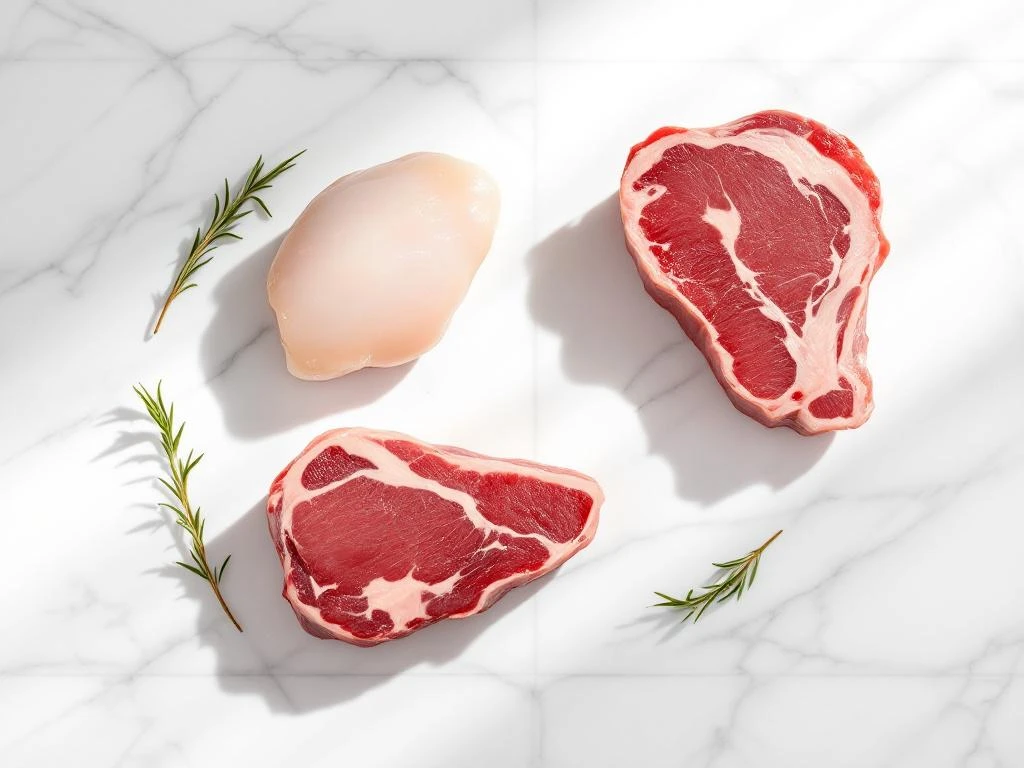 Raw chicken breast, pork tenderloin, and beef steak arranged on white marble with fresh rosemary garnish