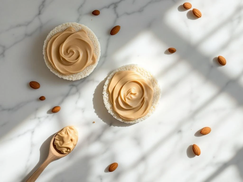 Three rice cakes with almond butter arranged diagonally on white marble with scattered almonds and wooden spreader