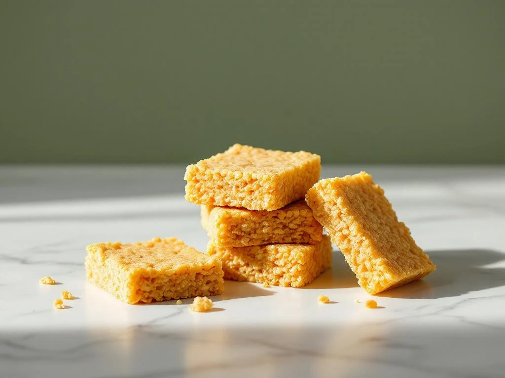 Stack of golden crispy rice breakfast bars on white marble with one bar leaning to show texture and cross-section