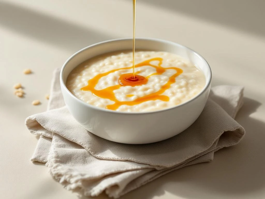 Creamy rice porridge in white ceramic bowl with golden maple syrup drizzle on neutral background