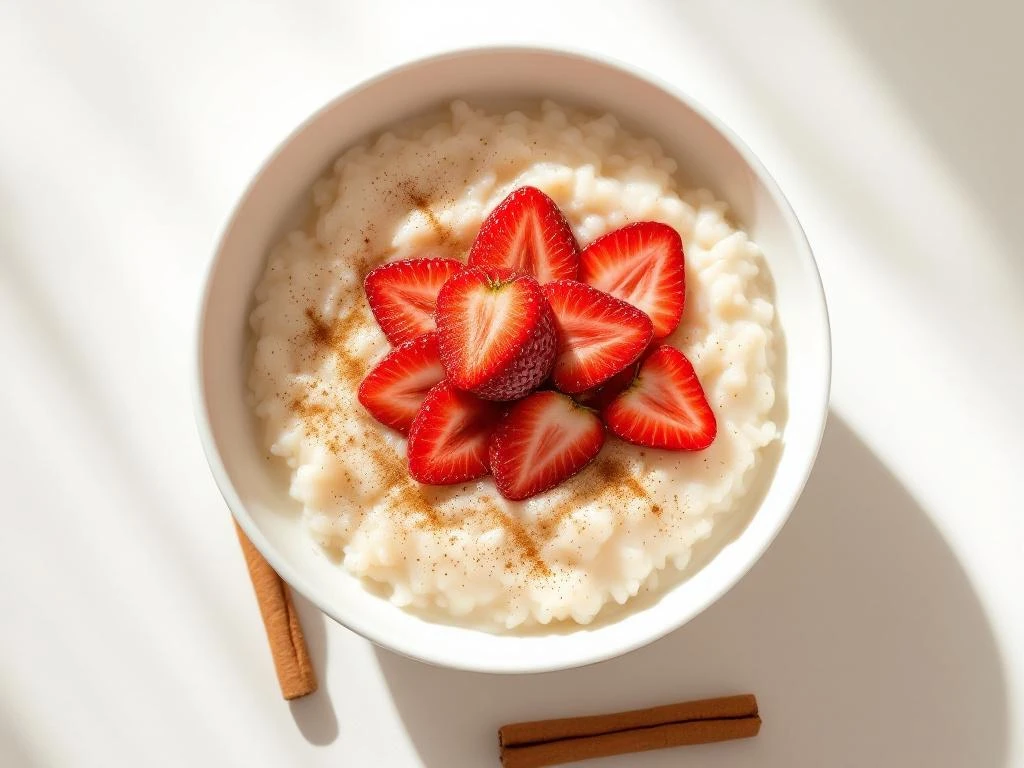 Rice porridge bowl with sliced strawberries and cinnamon, overhead view with cinnamon stick on neutral surface