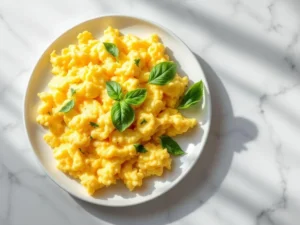 Fluffy golden scrambled eggs with fresh basil on white ceramic plate, overhead view on marble surface