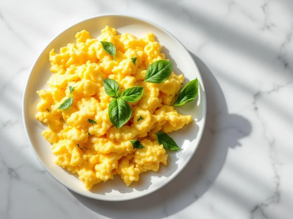Fluffy golden scrambled eggs with fresh basil on white ceramic plate, overhead view on marble surface