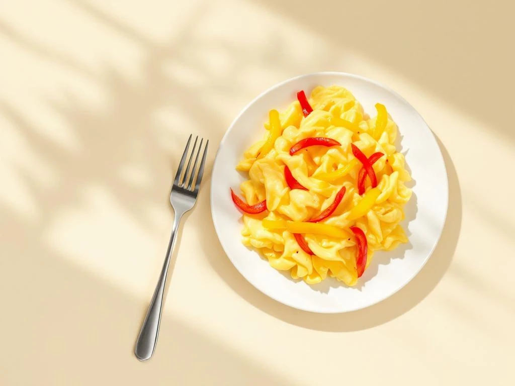 Fluffy scrambled eggs with colorful bell peppers on white plate with fork against cream background