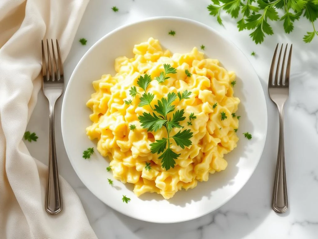 Fluffy golden scrambled eggs with fresh parsley on white plate with fork, overhead view on marble surface