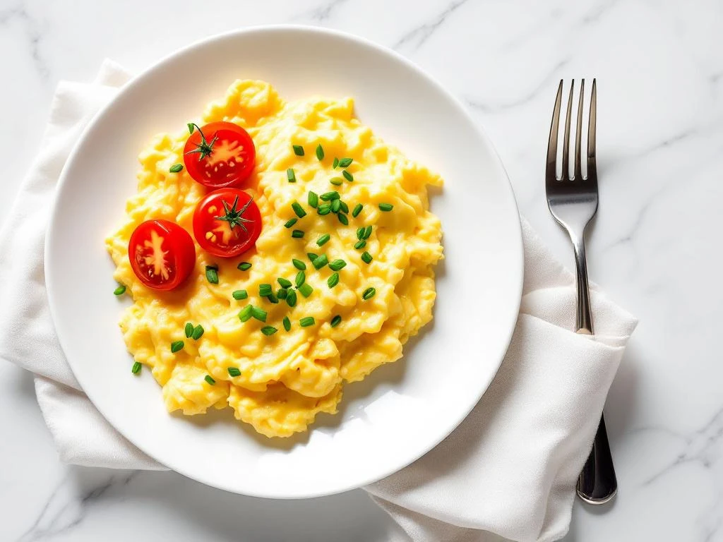 Fluffy golden scrambled eggs with fresh chives and cherry tomatoes on white plate, overhead view on marble surface