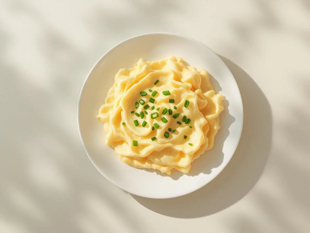 Fluffy golden scrambled eggs garnished with fresh chives on white ceramic plate with natural lighting and steam rising