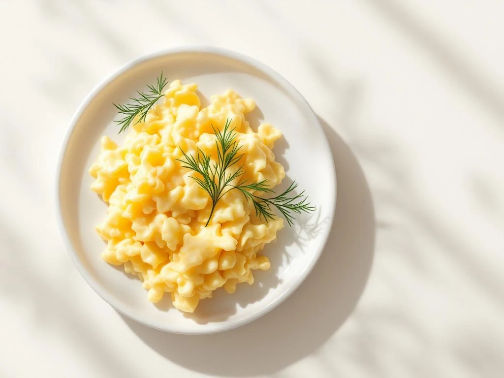 Fluffy scrambled eggs with fresh dill garnish on white ceramic plate, photographed from overhead with natural lighting