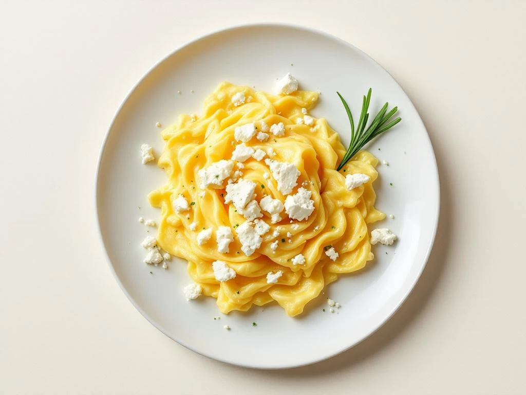 Fluffy scrambled eggs topped with crumbled feta cheese and fresh chives on a white ceramic plate against cream background