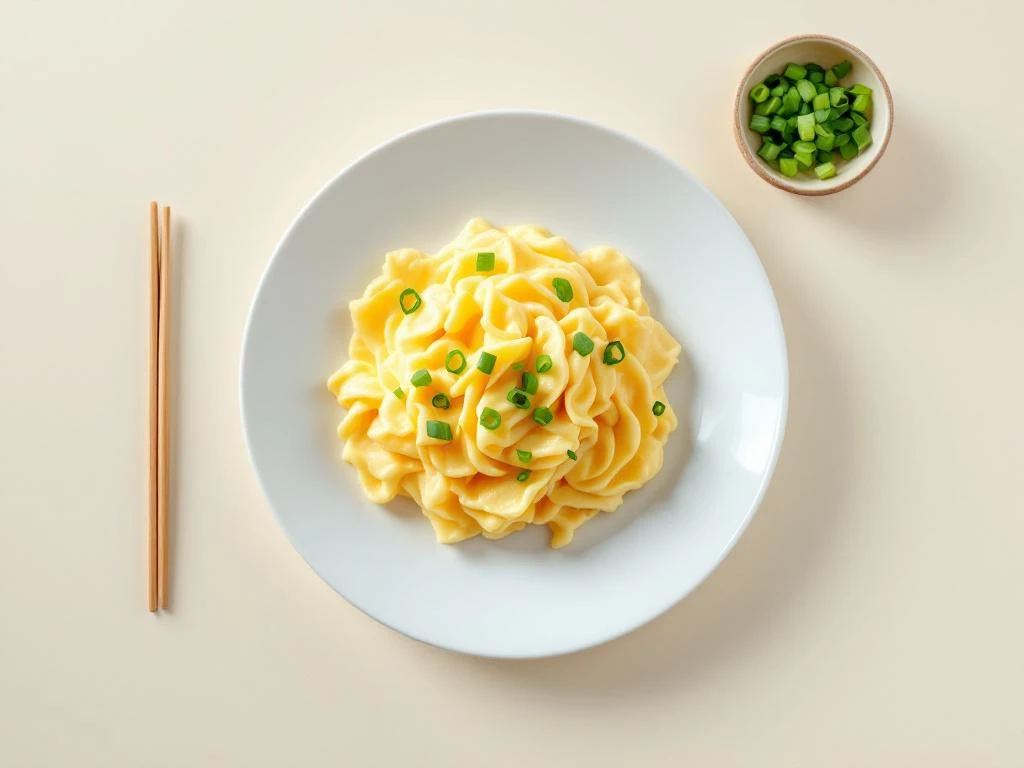 Fluffy scrambled eggs garnished with green onions on white plate, overhead view with chopstick and minimalist styling