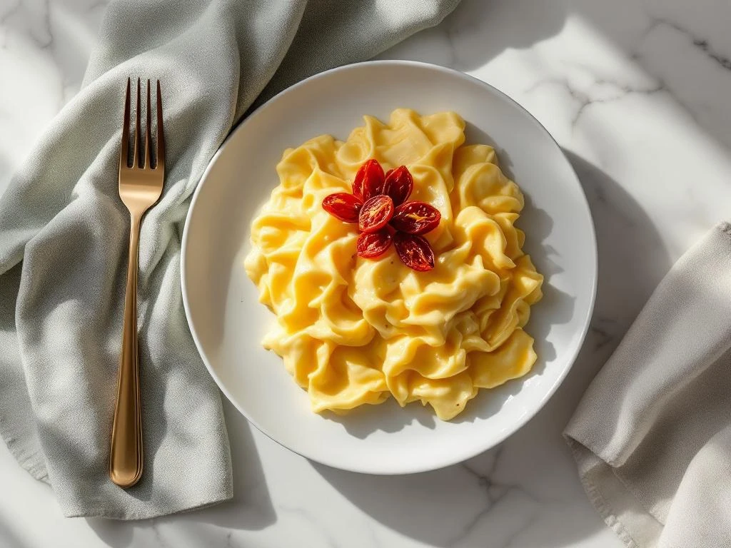Creamy scrambled eggs on white plate garnished with sun-dried tomatoes, silver fork on marble surface with linen napkin