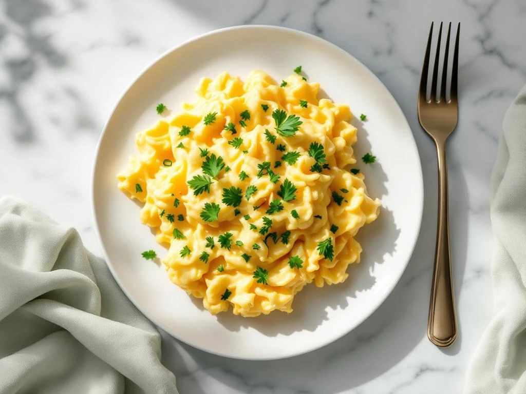 Fluffy golden scrambled eggs garnished with fresh herbs on white plate, overhead view with fork on marble surface
