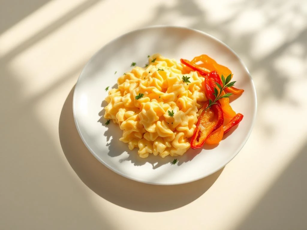 Fluffy golden scrambled eggs with roasted red and yellow peppers on white plate, garnished with fresh herb