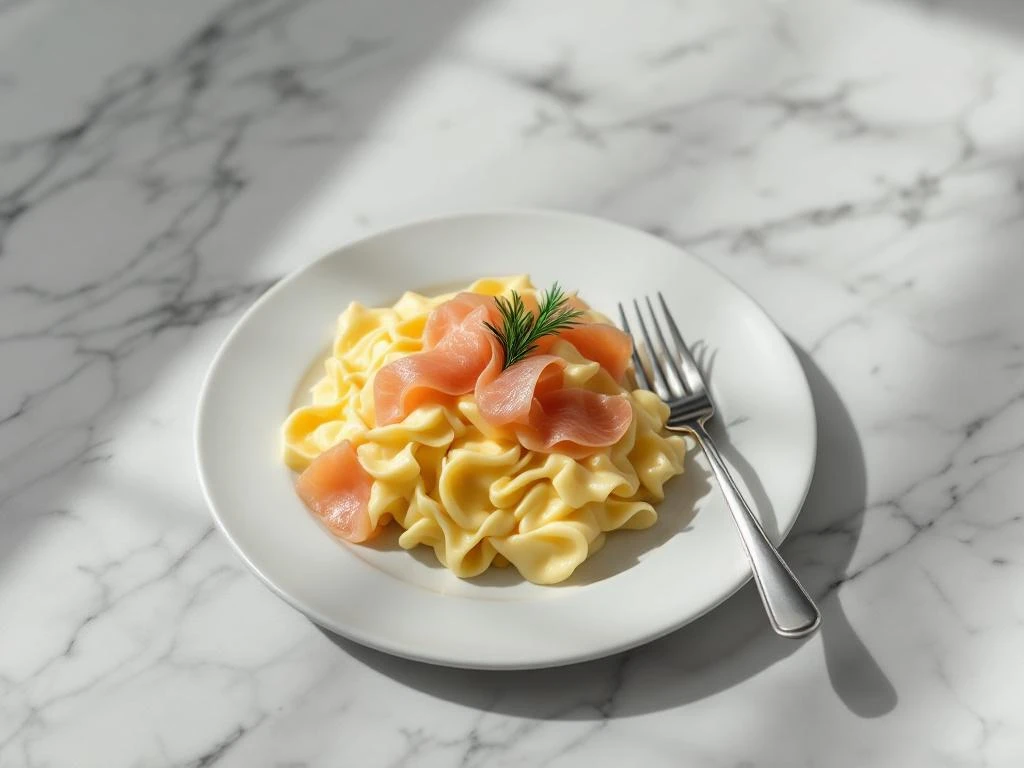 Creamy scrambled eggs with smoked salmon and fresh dill on white plate over marble surface