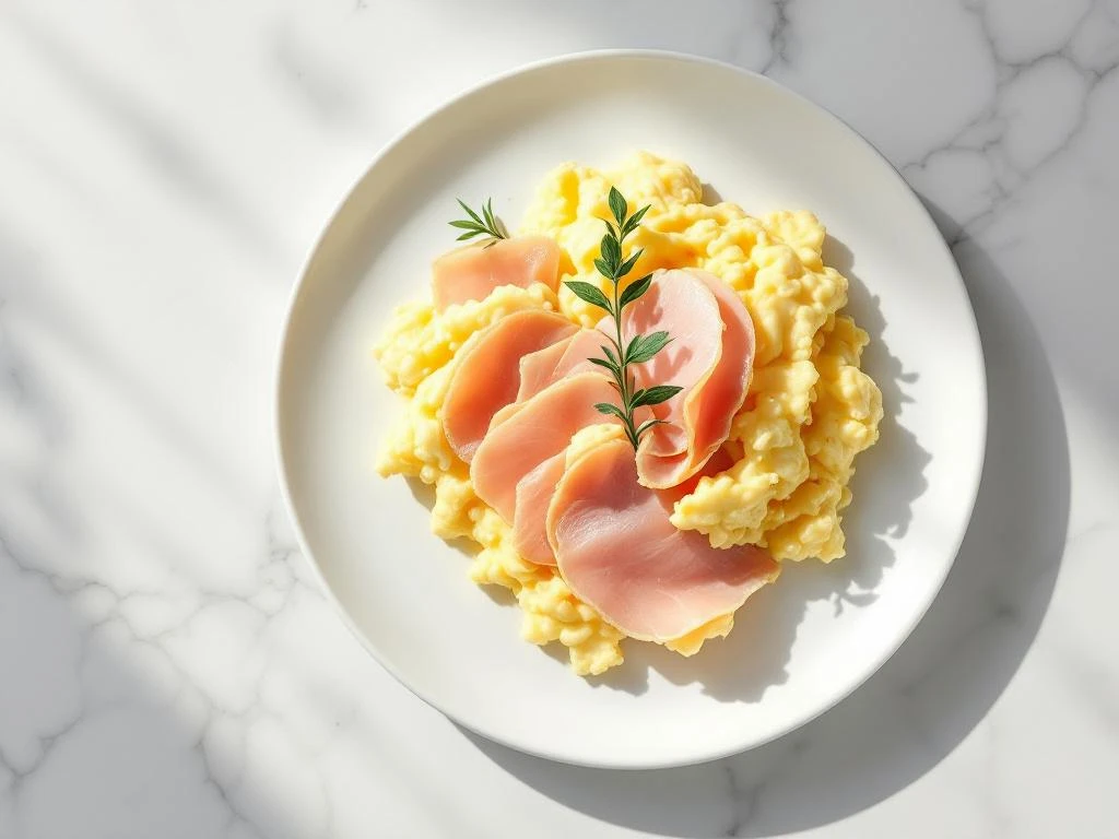 Fluffy scrambled eggs with sliced smoked turkey and fresh herbs on white plate, overhead view on marble surface