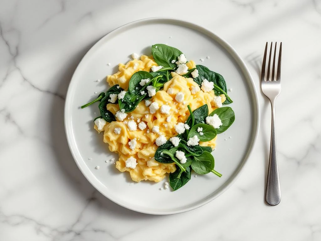 Scrambled eggs with spinach and feta cheese on white plate with fork, overhead view on marble surface