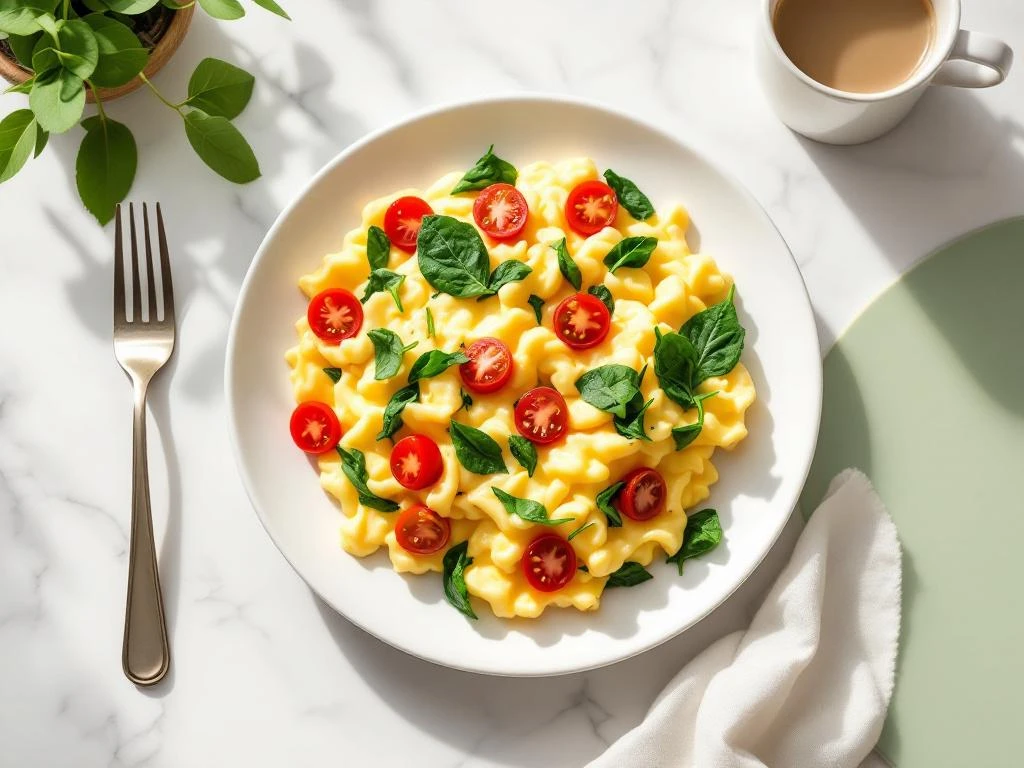 Fluffy scrambled eggs with spinach and cherry tomatoes on white plate with fork on marble surface