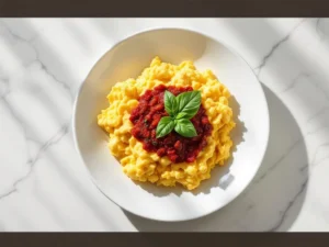 Fluffy golden scrambled eggs with sun-dried tomato pesto and basil on white plate over marble surface