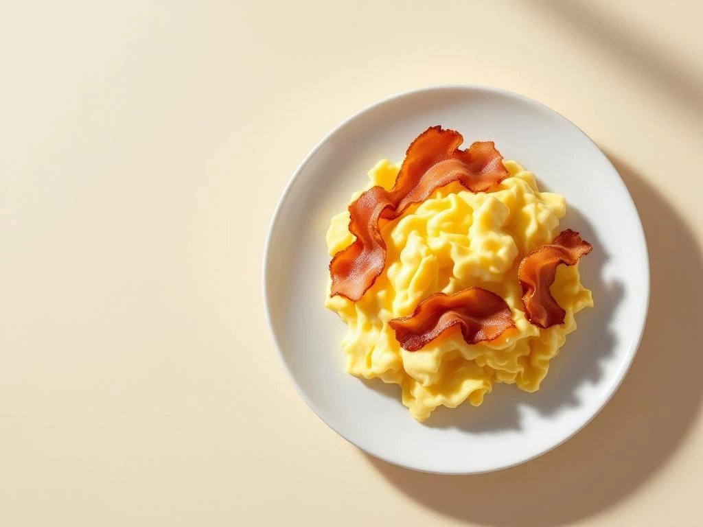 Scrambled eggs with turkey bacon on white plate with fork, overhead view with natural lighting and minimalist styling