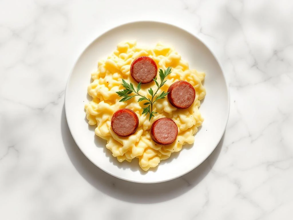Golden scrambled eggs with turkey sausage on white plate, overhead view with fresh herb garnish on marble surface