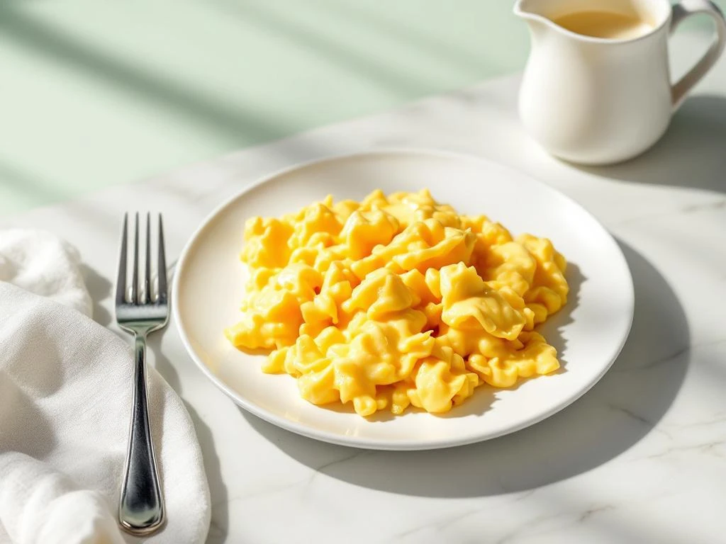 Fluffy golden scrambled eggs on white ceramic plate with silver fork on marble surface, sage-green background
