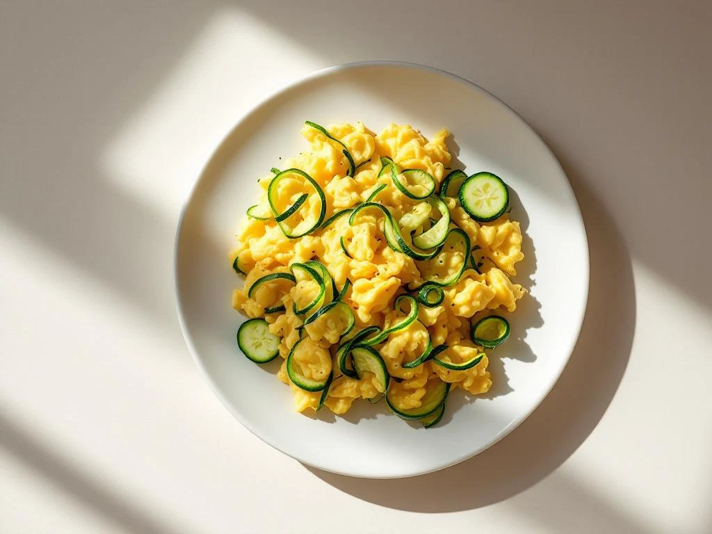 Golden scrambled eggs with fresh zucchini ribbons on white ceramic plate with natural lighting and minimalist styling
