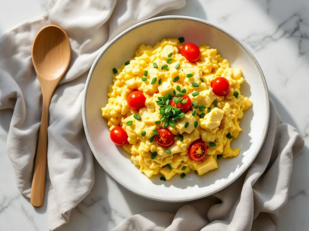 Golden scrambled tofu in white ceramic bowl with fresh chives and cherry tomatoes on marble surface with linen napkin