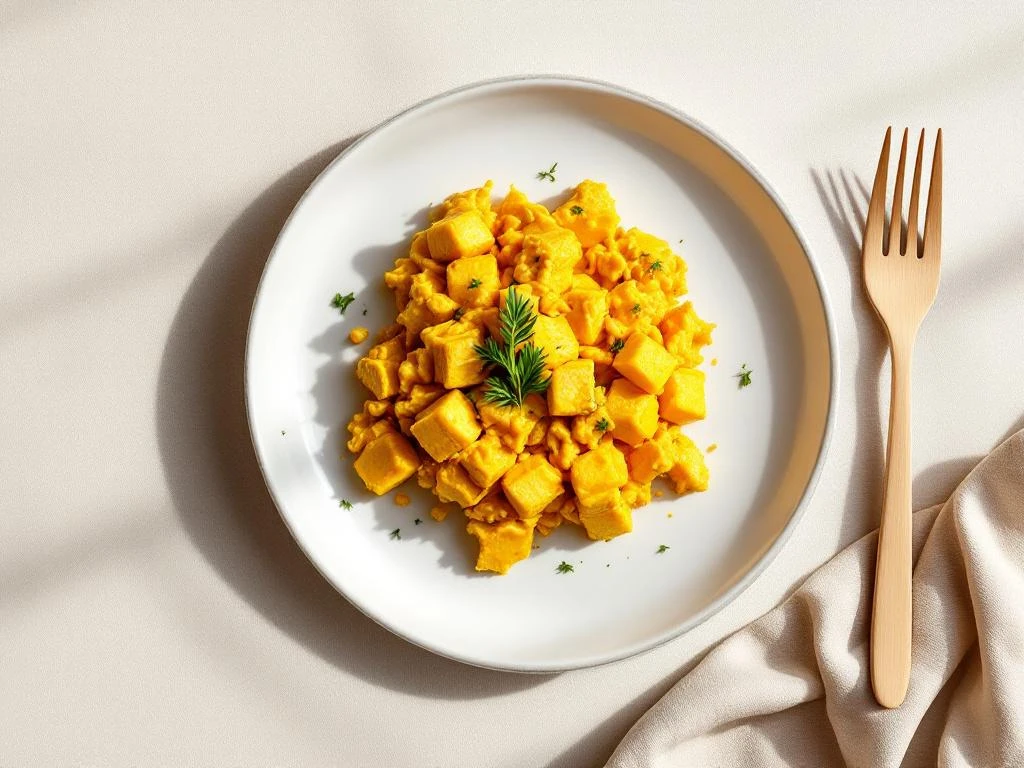 Golden turmeric scrambled tofu on white plate with herb garnish and wooden fork, minimalist overhead food photography
