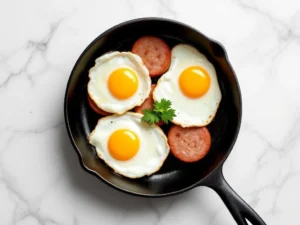 Cast-iron skillet with golden-brown turkey sausage and sunny-side-up eggs on white marble countertop