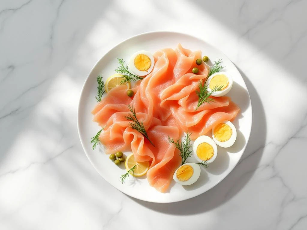 Smoked salmon breakfast platter with soft-boiled eggs, capers, dill, and lemon on white ceramic and marble surface