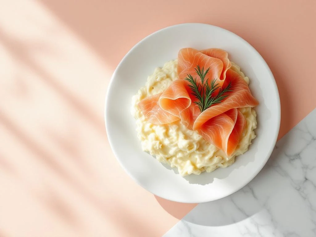 Smoked salmon ribbons and scrambled eggs on white ceramic plate with fresh dill garnish, overhead view on marble surface
