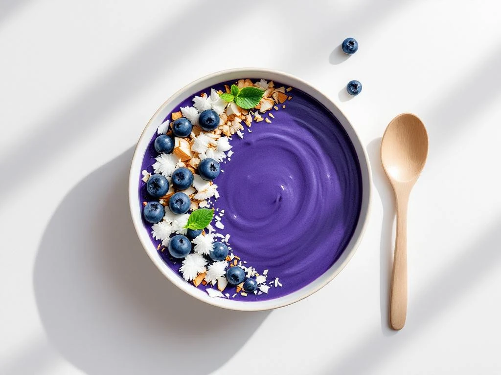 Purple-blue smoothie bowl with blueberries and coconut flakes on white surface, overhead view with wooden spoon