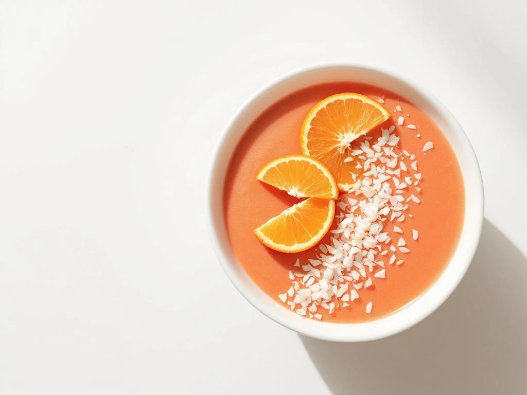Orange smoothie bowl with fresh orange segments and coconut flakes arranged on white surface from above