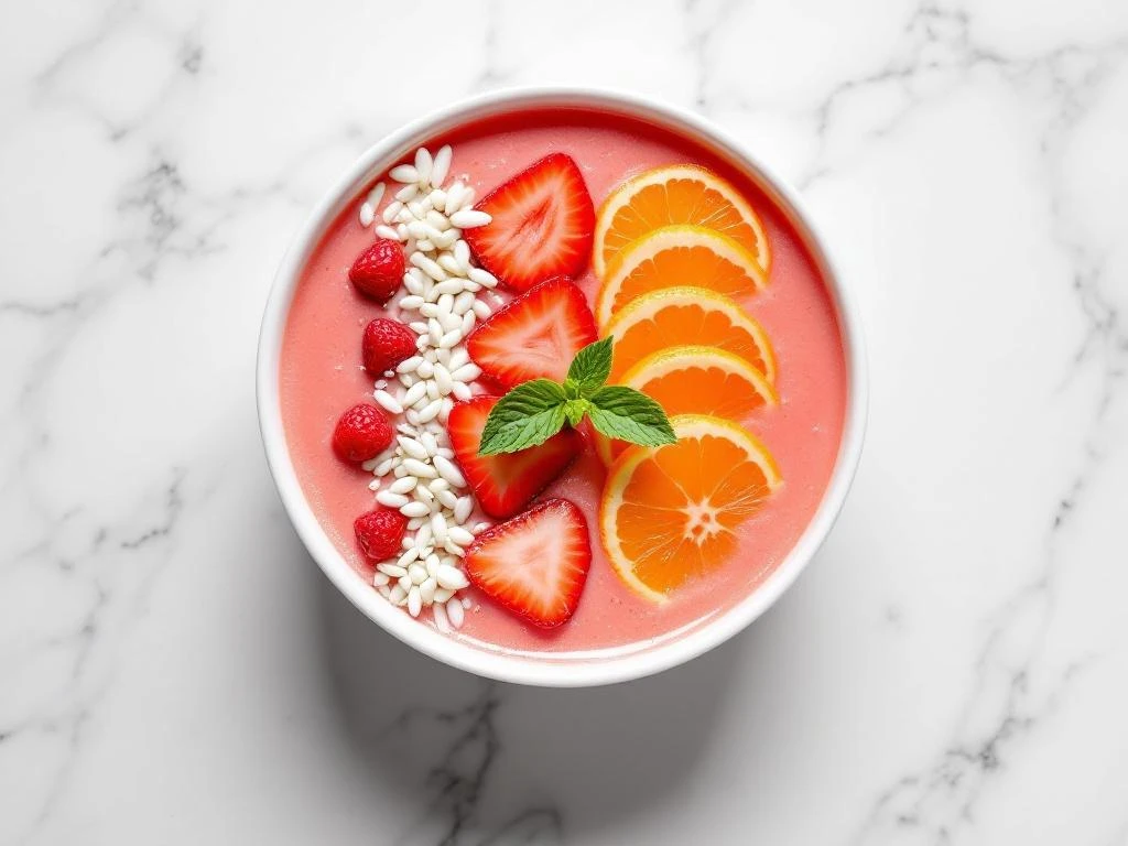 Overhead view of coral smoothie bowl with strawberries, orange segments, and mint on white marble surface