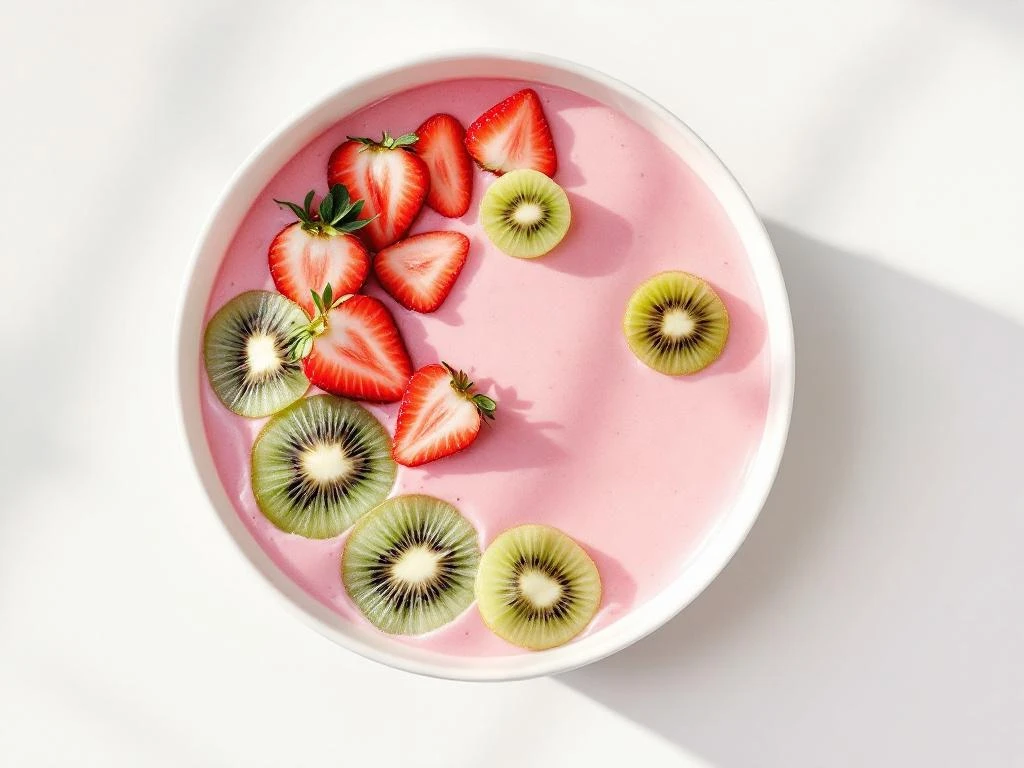 Pink strawberry-kiwi smoothie bowl with fresh fruit slices arranged geometrically on white surface from above