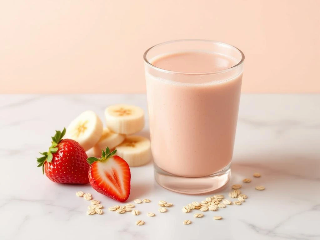 Peachy-pink smoothie in glass on white marble with fresh strawberries, banana slices, and scattered oats