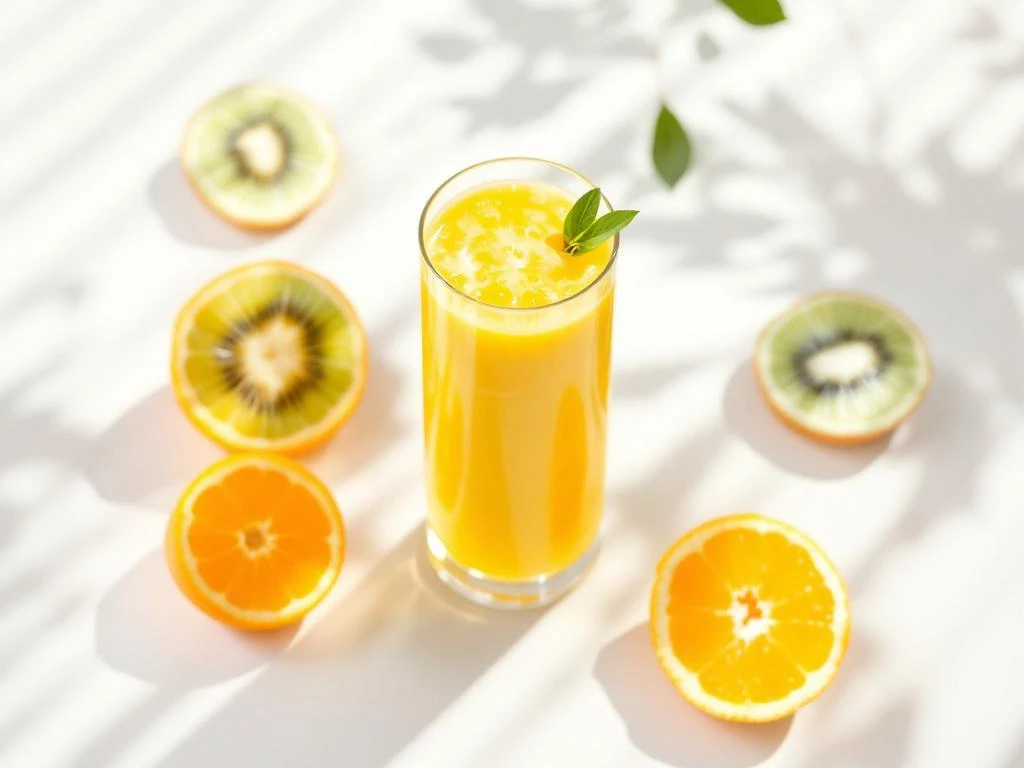 Orange smoothie in tall glass with fresh kiwi slices and halved orange on white surface, overhead view
